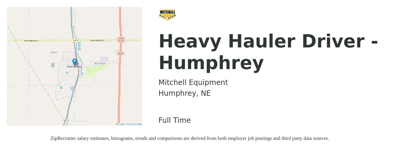 Mitchell Equipment job posting for a Heavy Hauler Driver - Humphrey in Humphrey, NE with a salary of $26 to $44 Hourly with a map of Humphrey location.