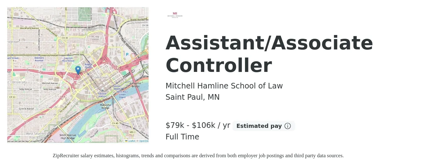 Mitchell Hamline School of Law job posting for a Assistant/Associate Controller in Saint Paul, MN with a salary of $79,575 to $106,949 Yearly with a map of Saint Paul location.