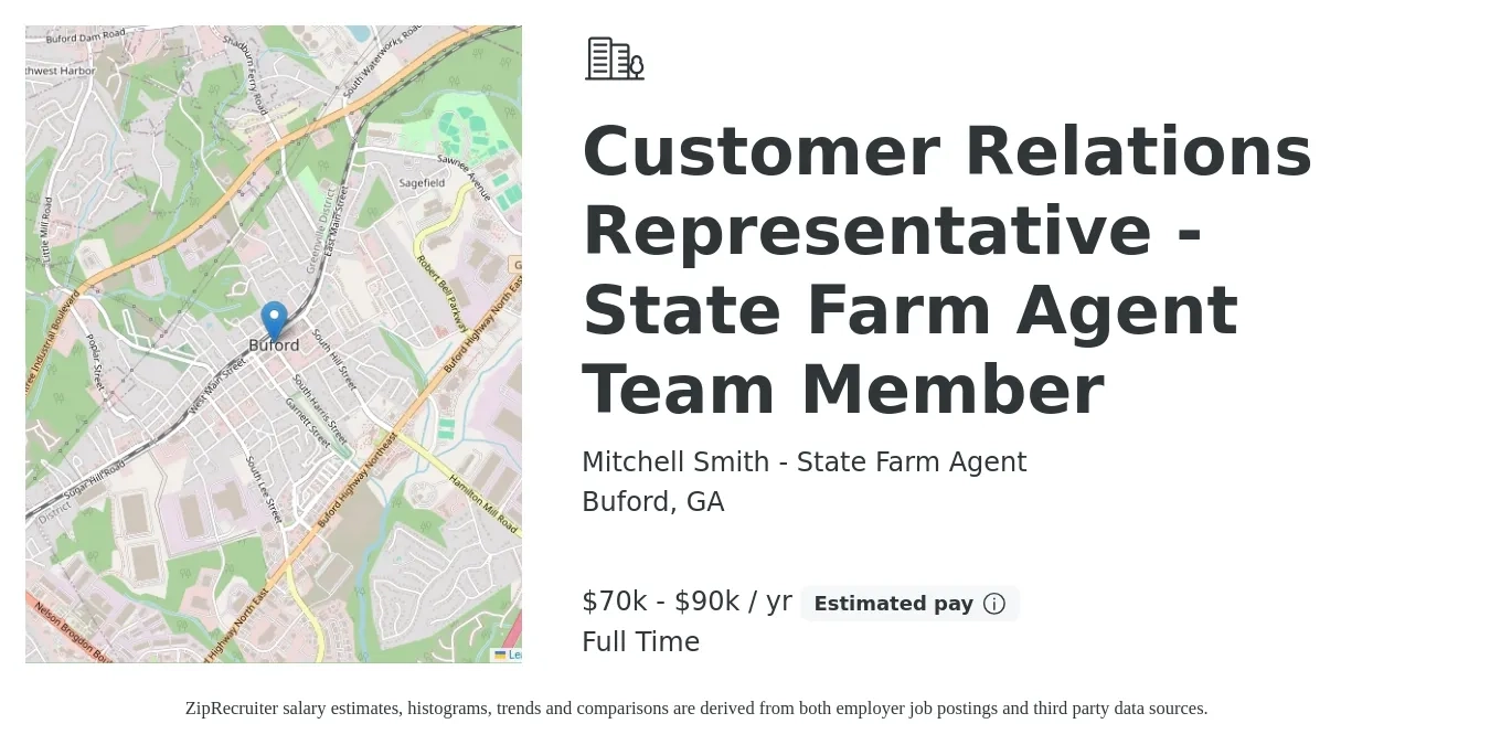 Mitchell Smith - State Farm Agent job posting for a Customer Relations Representative - State Farm Agent Team Member in Buford, GA with a salary of $70,000 to $90,000 Yearly with a map of Buford location.