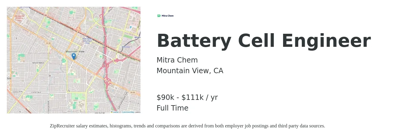 Mitra Chem job posting for a Battery Cell Engineer in Mountain View, CA with a salary of $90,000 to $111,000 Yearly with a map of Mountain View location.