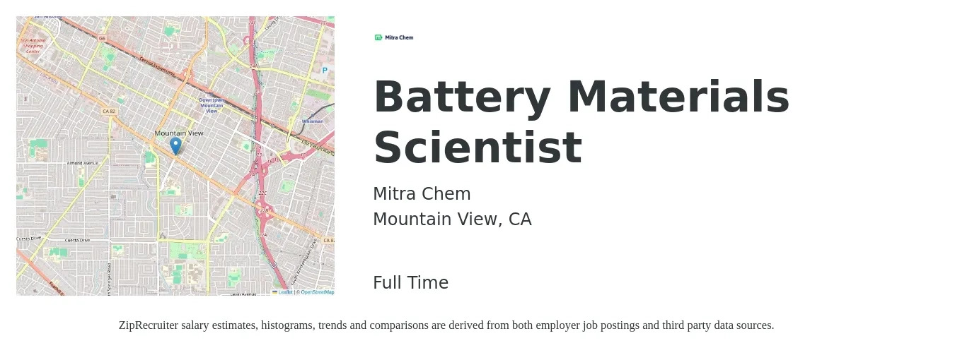 Mitra Chem job posting for a Battery Materials Scientist in Mountain View, CA with a salary of $135,000 to $155,000 Yearly with a map of Mountain View location.