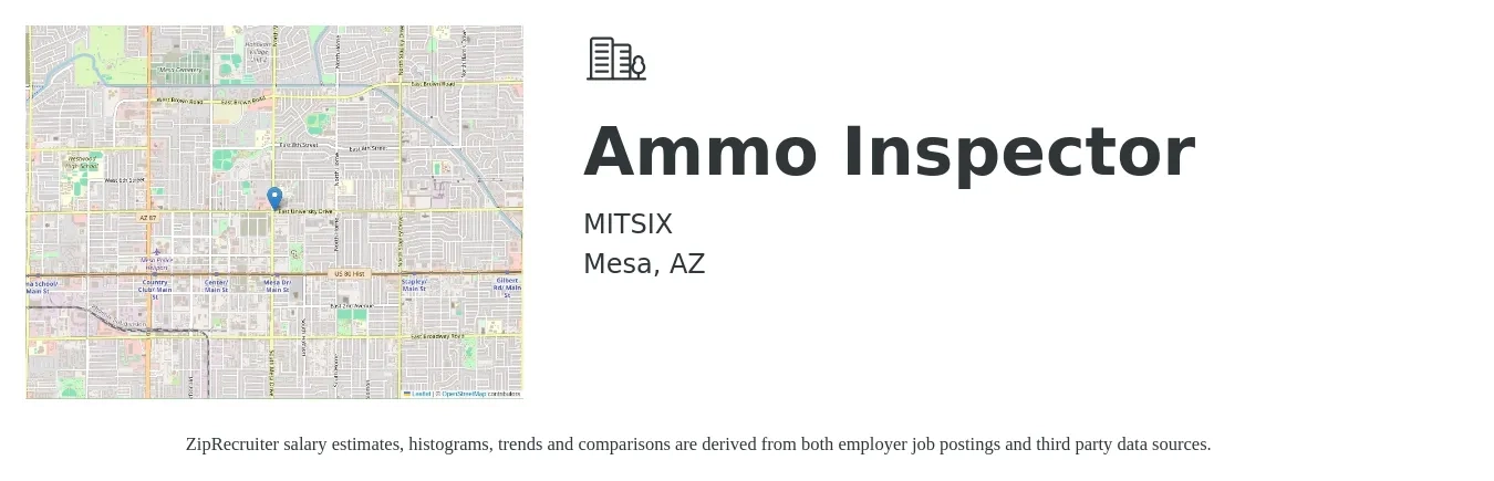 MITSIX job posting for a Ammo Inspector in Mesa, AZ with a salary of $19 to $32 Hourly with a map of Mesa location.