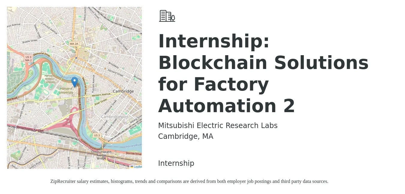Mitsubishi Electric Research Labs job posting for a Internship: Blockchain Solutions for Factory Automation 2 in Cambridge, MA with a salary of $18 to $24 Hourly with a map of Cambridge location.