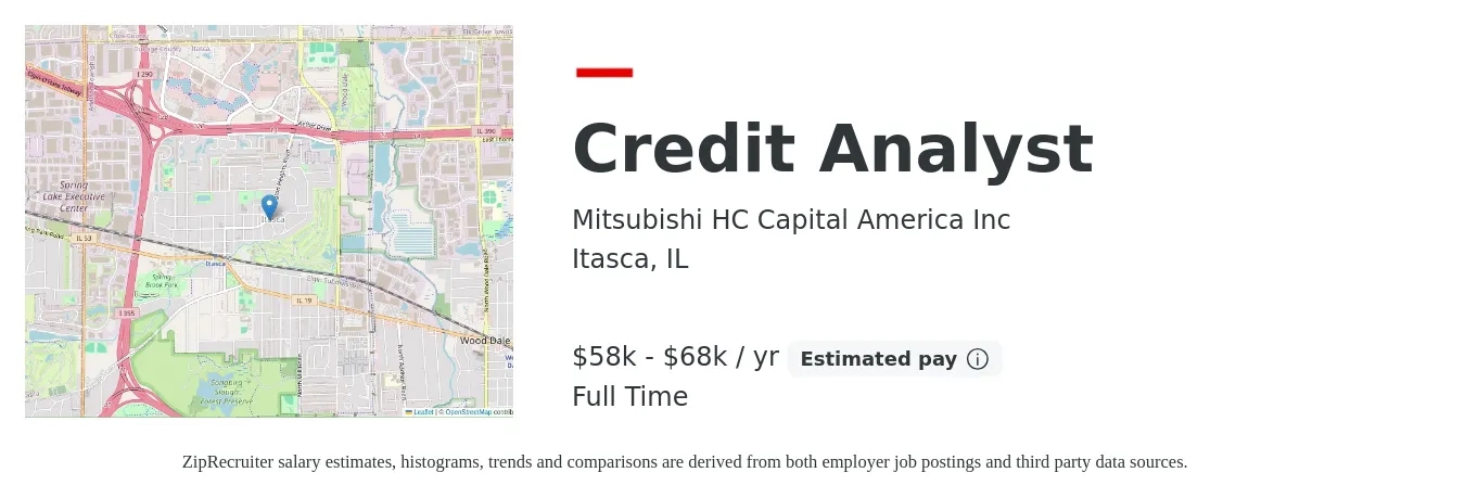 Mitsubishi HC Capital America Inc job posting for a Credit Analyst in Itasca, IL with a salary of $23 to $34 Hourly with a map of Itasca location.