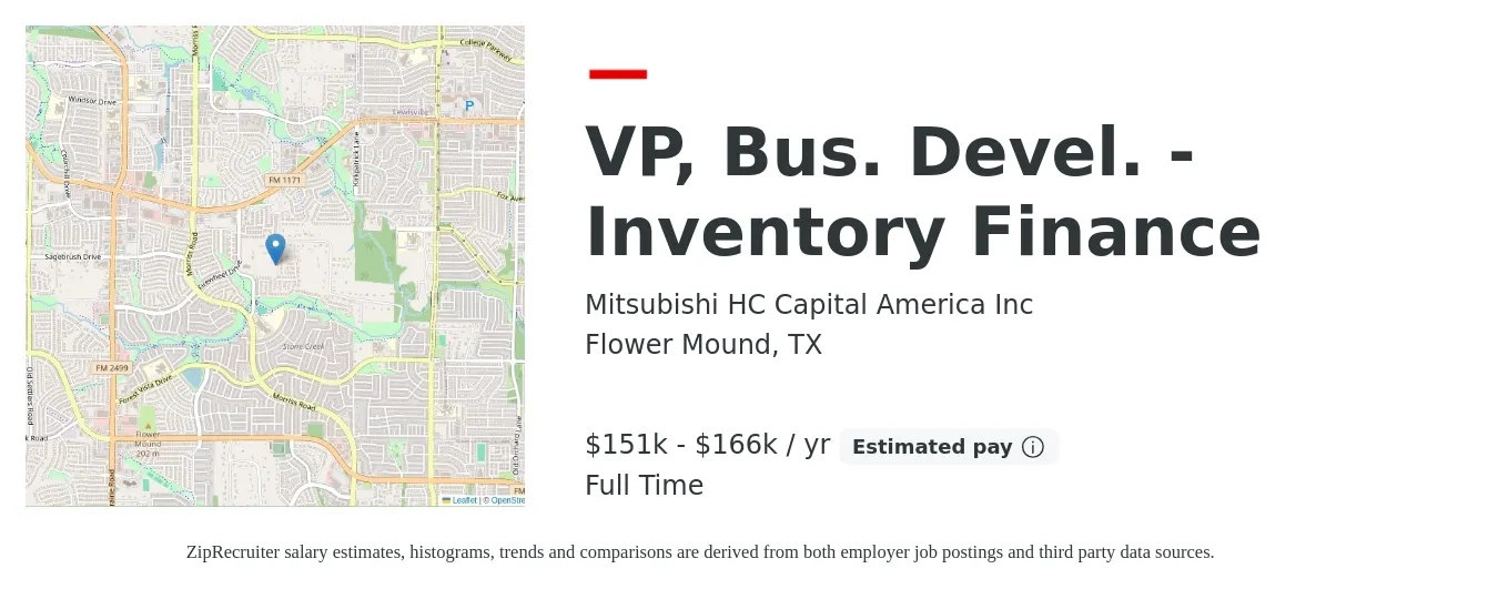 Mitsubishi HC Capital America Inc job posting for a VP, Bus. Devel. - Inventory Finance in Flower Mound, TX with a salary of $151,000 to $166,000 Yearly with a map of Flower Mound location.