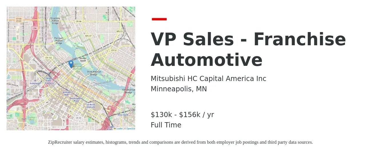 Mitsubishi HC Capital America Inc job posting for a VP Sales - Franchise Automotive in Minneapolis, MN with a salary of $130,000 to $156,000 Yearly with a map of Minneapolis location.