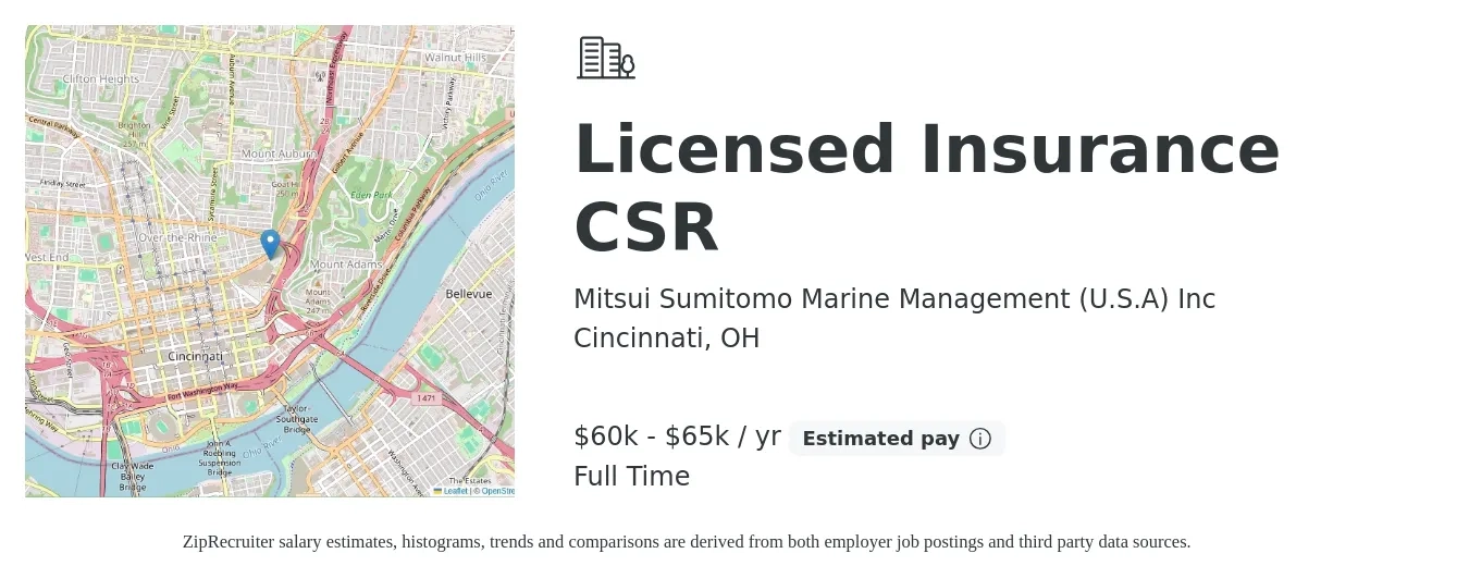 Mitsui Sumitomo Marine Management (U.S.A) Inc job posting for a Licensed Insurance CSR in Cincinnati, OH with a salary of $60,000 to $65,000 Yearly with a map of Cincinnati location.