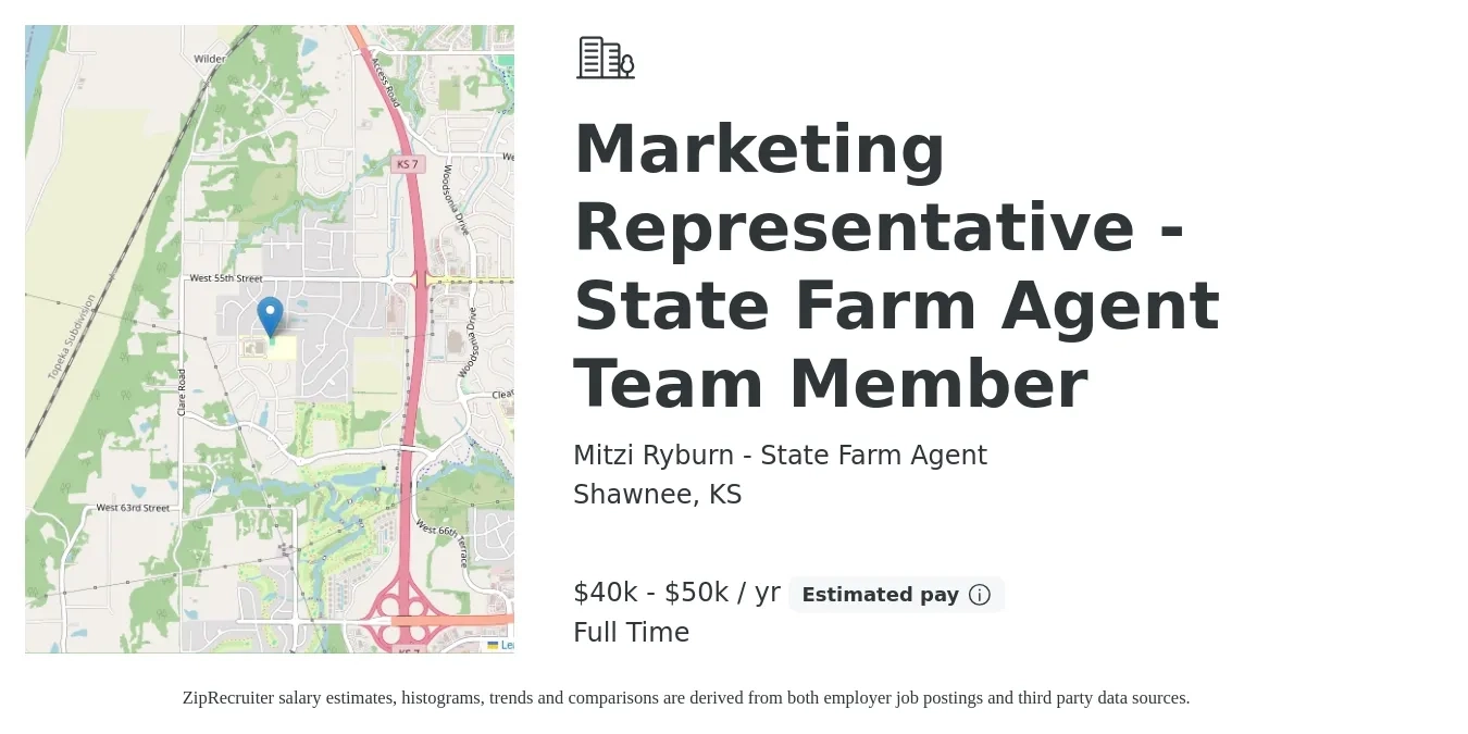 Mitzi Ryburn - State Farm Agent job posting for a Marketing Representative - State Farm Agent Team Member in Shawnee, KS with a salary of $40,000 to $50,000 Yearly with a map of Shawnee location.