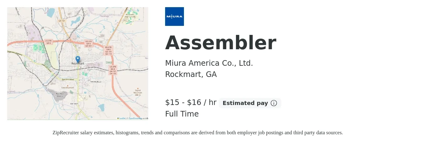 Miura America Co., Ltd. job posting for a Assembler in Rockmart, GA with a salary of $16 to $17 Hourly with a map of Rockmart location.
