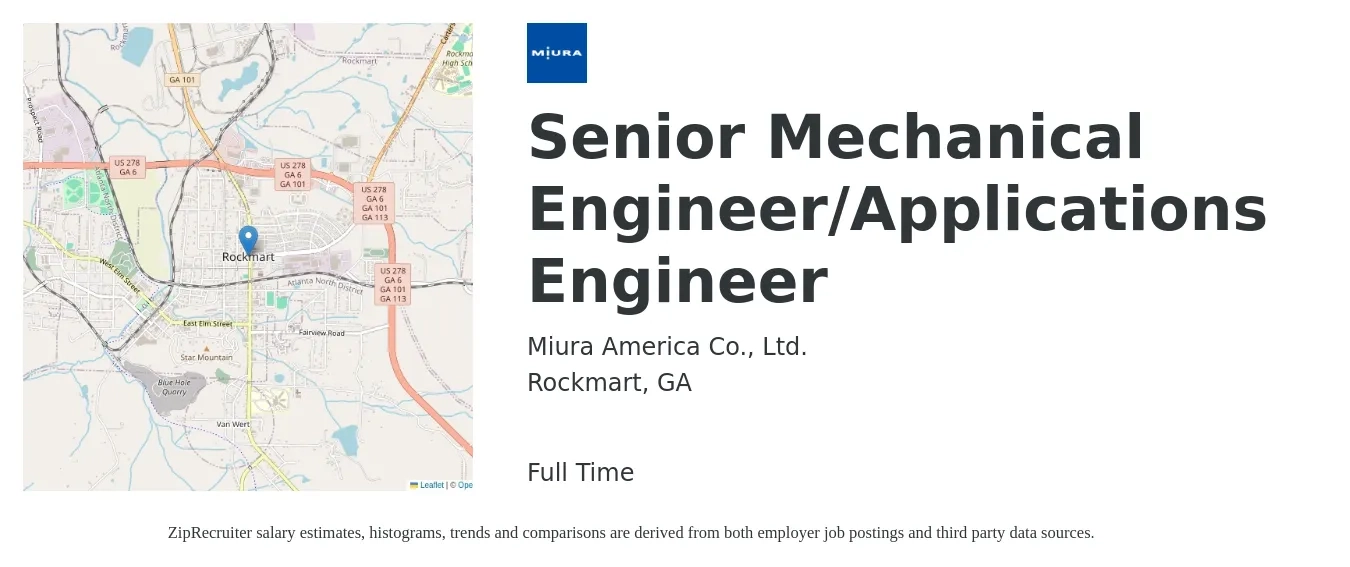 Miura America Co., Ltd. job posting for a Senior Mechanical Engineer/Applications Engineer in Rockmart, GA with a salary of $93,000 to $122,900 Yearly with a map of Rockmart location.