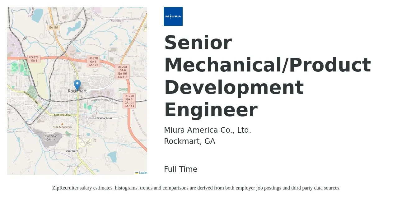 Miura America Co., Ltd. job posting for a Senior Mechanical/Product Development Engineer in Rockmart, GA with a salary of $82,800 to $126,400 Yearly with a map of Rockmart location.