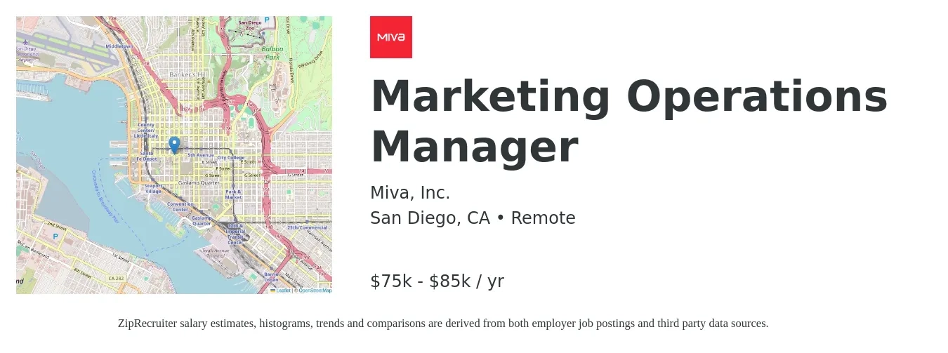 Miva, Inc. job posting for a Marketing Operations Manager in San Diego, CA with a salary of $75,000 to $85,000 Yearly with a map of San Diego location.