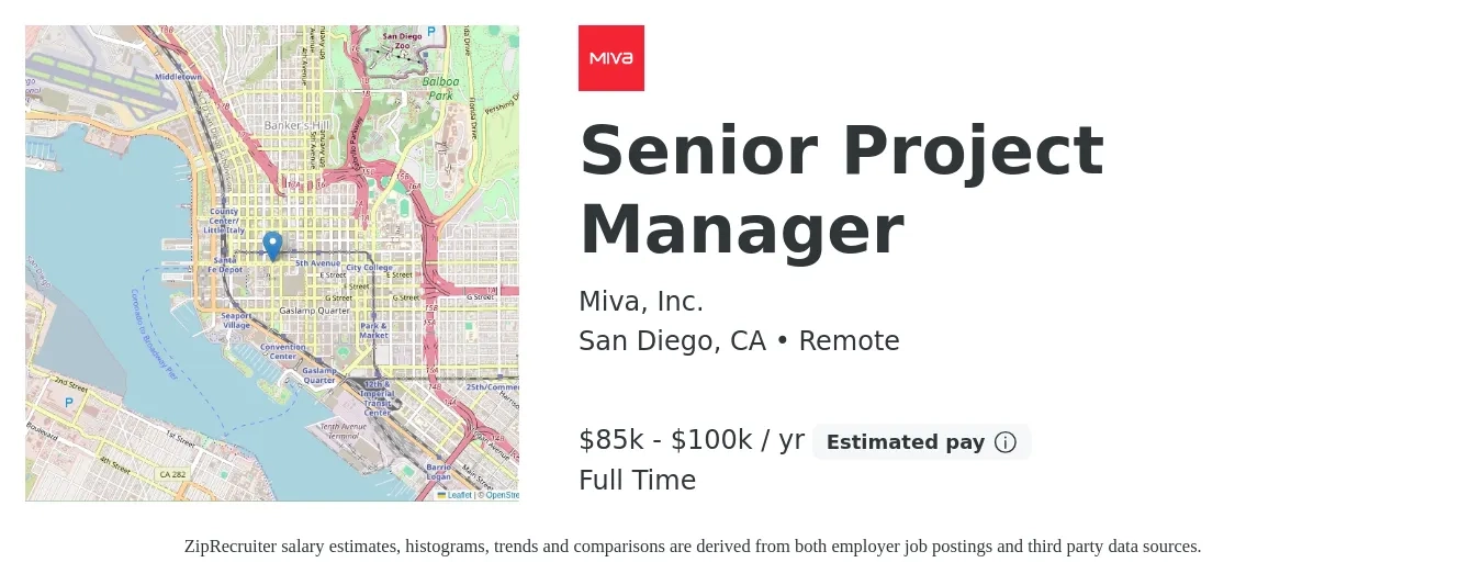 Miva, Inc. job posting for a Senior Project Manager in San Diego, CA with a salary of $85,000 to $100,000 Yearly with a map of San Diego location.