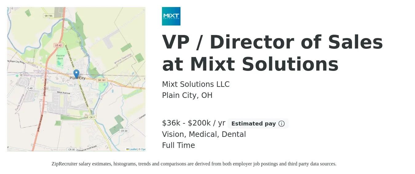 Mixt Solutions LLC job posting for a VP / Director of Sales at Mixt Solutions in Plain City, OH with a salary of $36,000 to $200,000 Yearly (plus commission) and benefits including pto, retirement, vision, dental, life_insurance, and medical with a map of Plain City location.