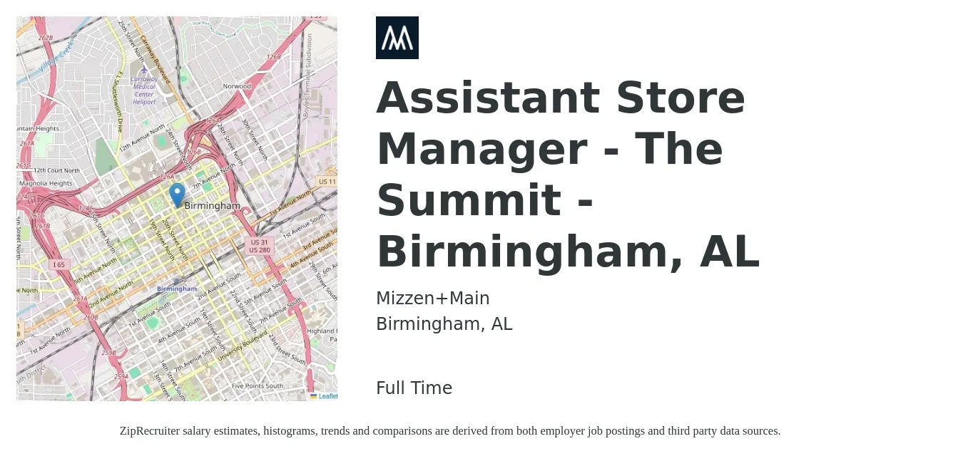 Mizzen+Main job posting for a Assistant Store Manager - The Summit - Birmingham, AL in Birmingham, AL with a salary of $15 to $21 Hourly with a map of Birmingham location.