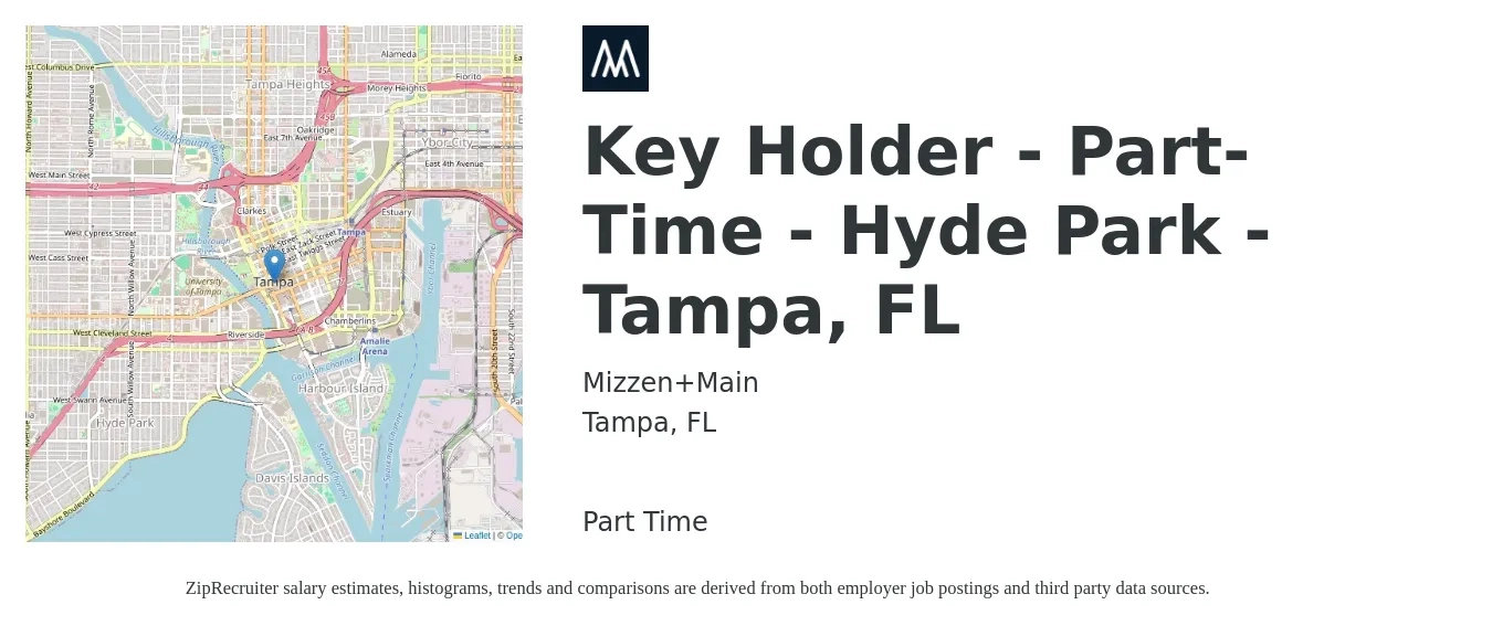 Mizzen+Main job posting for a Key Holder - Part-Time - Hyde Park - Tampa, FL in Tampa, FL with a salary of $13 to $16 Hourly with a map of Tampa location.
