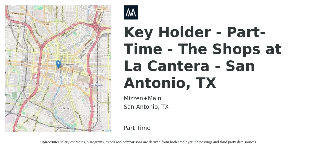 Mizzen+Main job posting for a Key Holder - Part-Time - The Shops at La Cantera - San Antonio, TX in San Antonio, TX with a salary of $13 to $16 Hourly with a map of San Antonio location.
