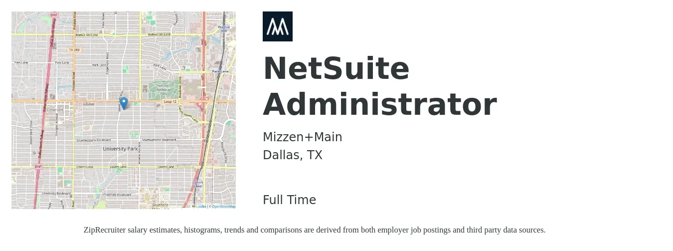 Mizzen+Main job posting for a NetSuite Administrator in Dallas, TX with a salary of $49,500 to $105,400 Yearly with a map of Dallas location.