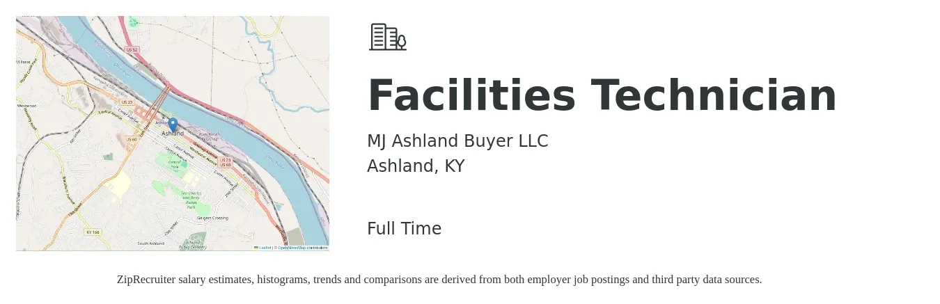 MJ Ashland Buyer LLC job posting for a Facilities Technician in Ashland, KY with a salary of $17 to $24 Hourly with a map of Ashland location.