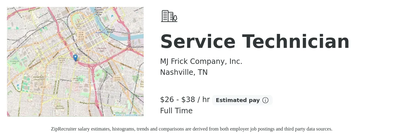MJ Frick Company, Inc. job posting for a Service Technician in Nashville, TN with a salary of $28 to $36 Hourly with a map of Nashville location.