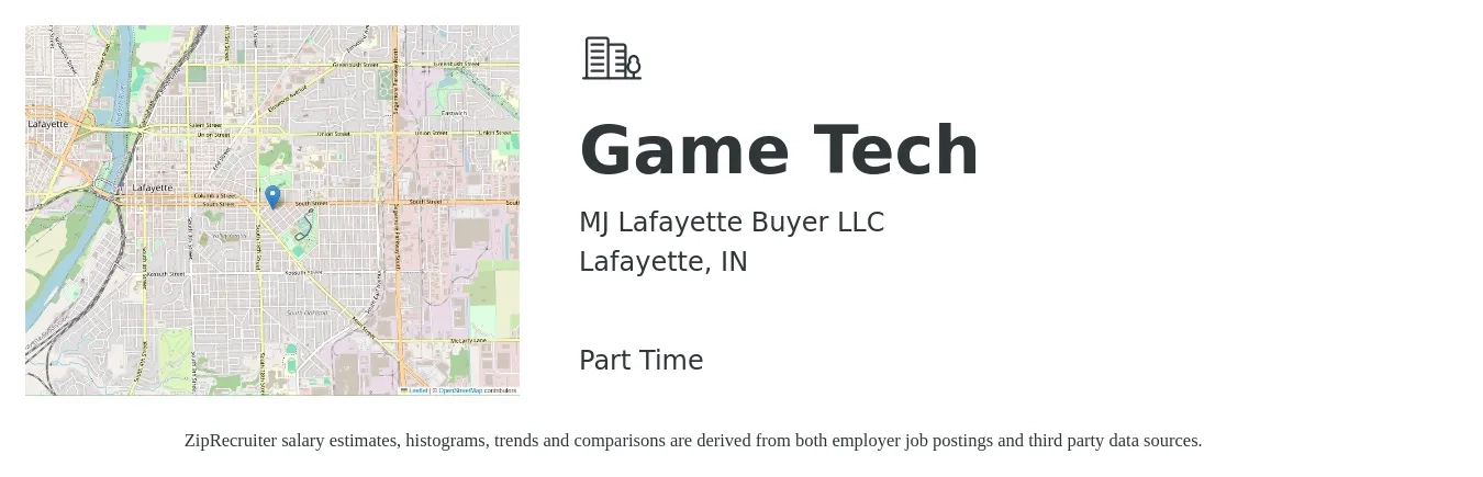 MJ Lafayette Buyer LLC job posting for a Game Tech in Lafayette, IN with a salary of $16 to $22 Hourly with a map of Lafayette location.