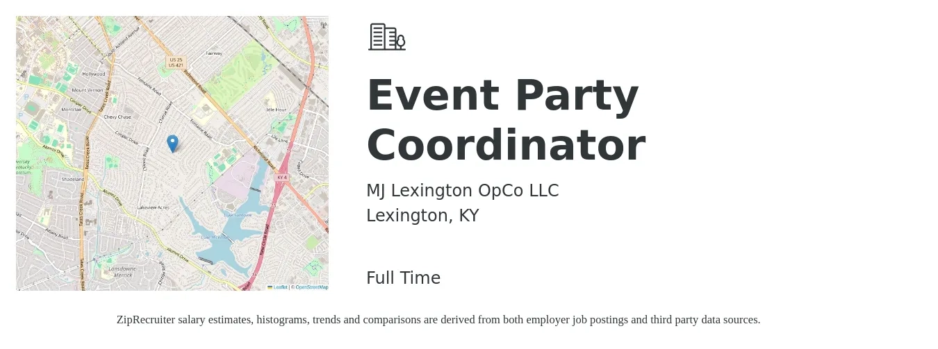 MJ Lexington OpCo LLC job posting for a Event Party Coordinator in Lexington, KY with a salary of $18 to $25 Hourly with a map of Lexington location.