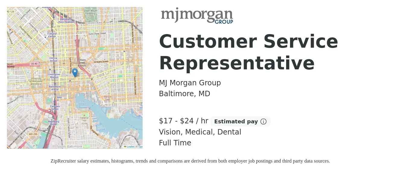 MJ Morgan Group job posting for a Customer Service Representative in Baltimore, MD with a salary of $18 to $25 Hourly and benefits including pto, retirement, vision, dental, life_insurance, and medical with a map of Baltimore location.