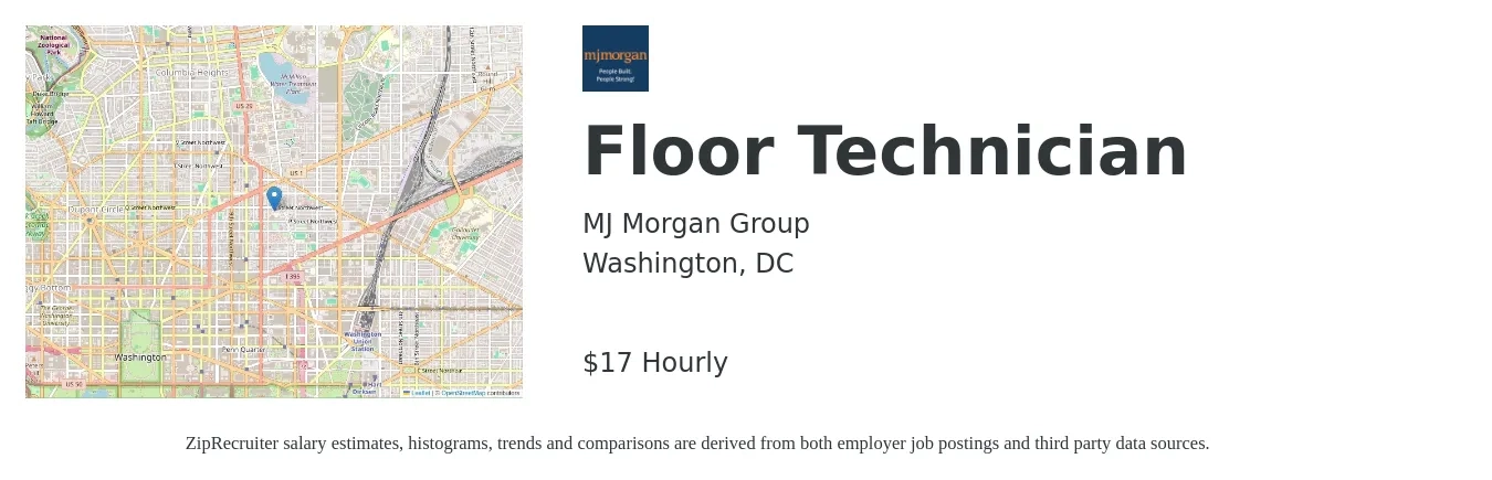 MJ Morgan Group job posting for a Floor Technician in Washington, DC with a salary of $18 Hourly with a map of Washington location.