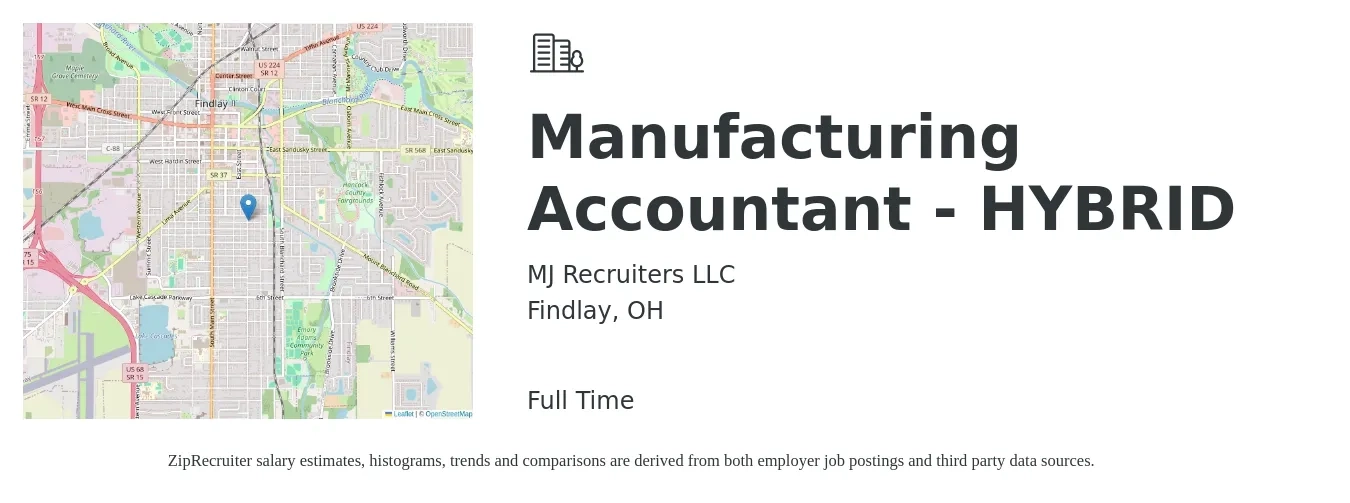 MJ Recruiters LLC job posting for a Manufacturing Accountant - HYBRID in Findlay, OH with a salary of $50,200 to $73,700 Yearly and benefits including retirement, vision, dental, and medical with a map of Findlay location.