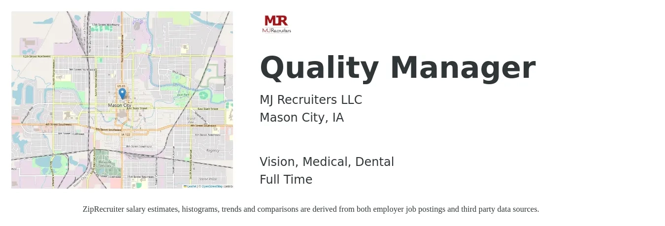 MJ Recruiters LLC job posting for a Quality Manager in Mason City, IA with a salary of $68,800 to $107,400 Yearly and benefits including vision, dental, medical, and retirement with a map of Mason City location.
