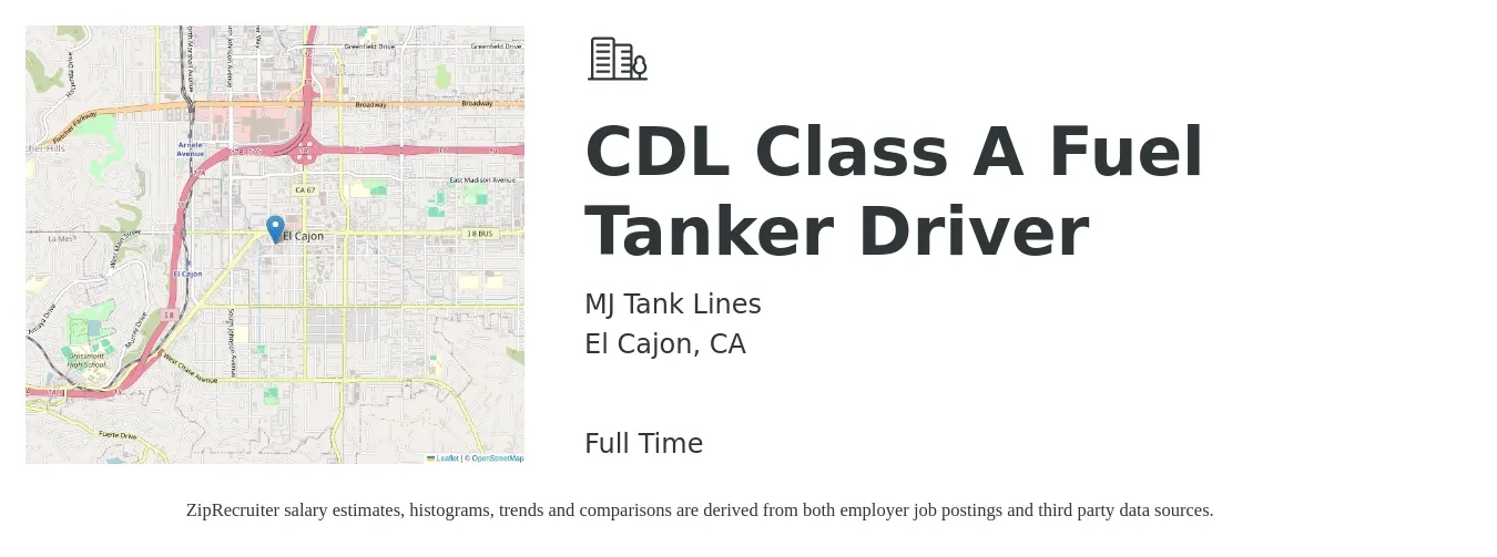 MJ Tank Lines job posting for a CDL Class A Fuel Tanker Driver in El Cajon, CA with a salary of $80,000 to $150,000 Yearly with a map of El Cajon location.