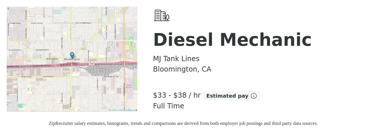 MJ Tank Lines job posting for a Diesel Mechanic in Bloomington, CA with a salary of $35 to $40 Hourly with a map of Bloomington location.