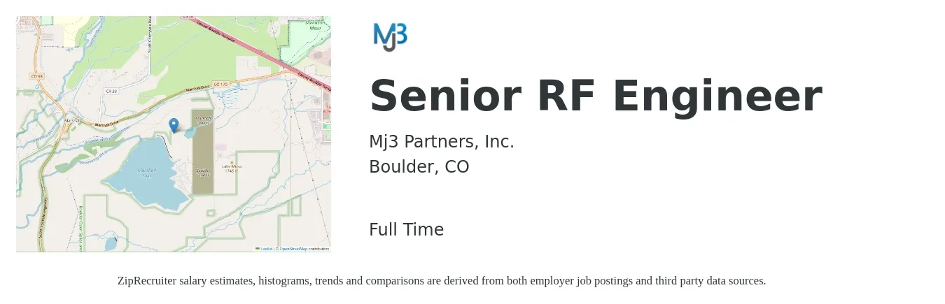 Mj3 Partners, Inc. job posting for a Senior RF Engineer in Boulder, CO with a salary of $115,800 to $153,700 Yearly with a map of Boulder location.