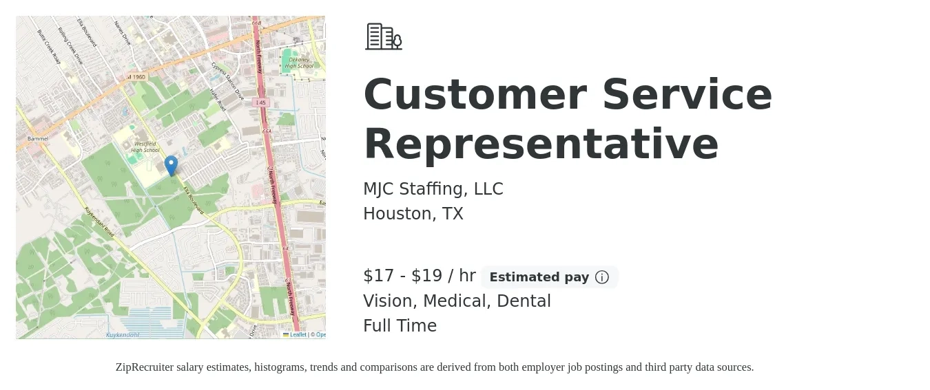 MJC Staffing, LLC job posting for a Customer Service Representative in Houston, TX with a salary of $18 to $20 Hourly and benefits including dental, life_insurance, medical, pto, and vision with a map of Houston location.