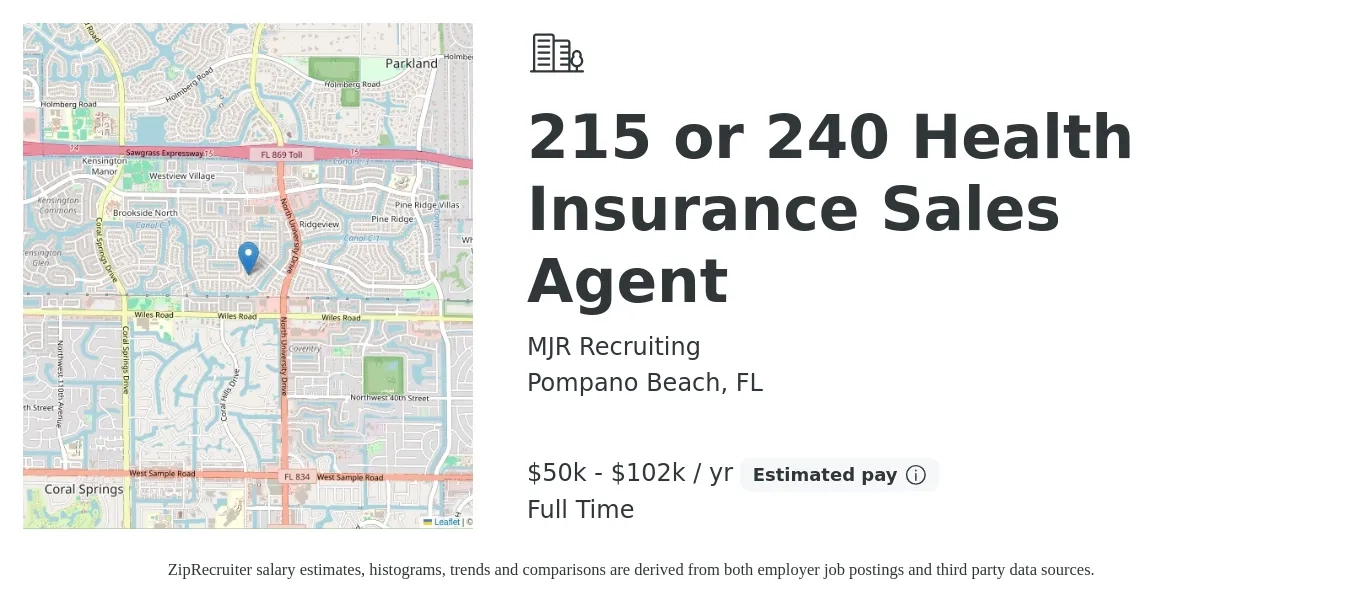 MJR Recruiting job posting for a 215 or 240 Health Insurance Sales Agent in Pompano Beach, FL with a salary of $50,000 to $102,000 Yearly with a map of Pompano Beach location.