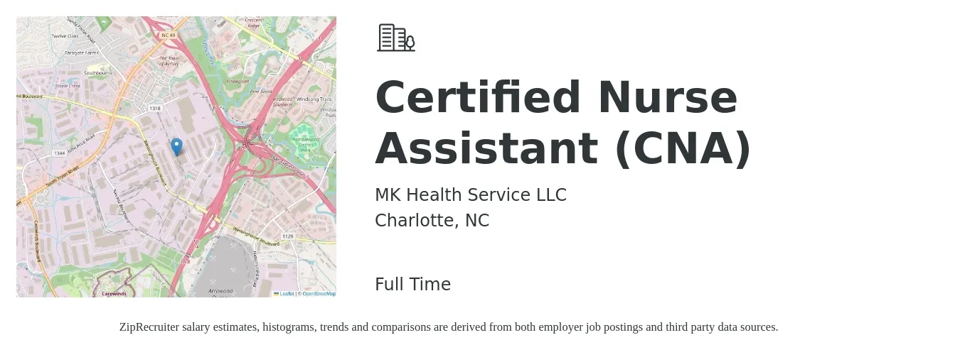 MK Health Service LLC job posting for a Certified Nurse Assistant (CNA) in Charlotte, NC with a salary of $16 to $22 Hourly with a map of Charlotte location.