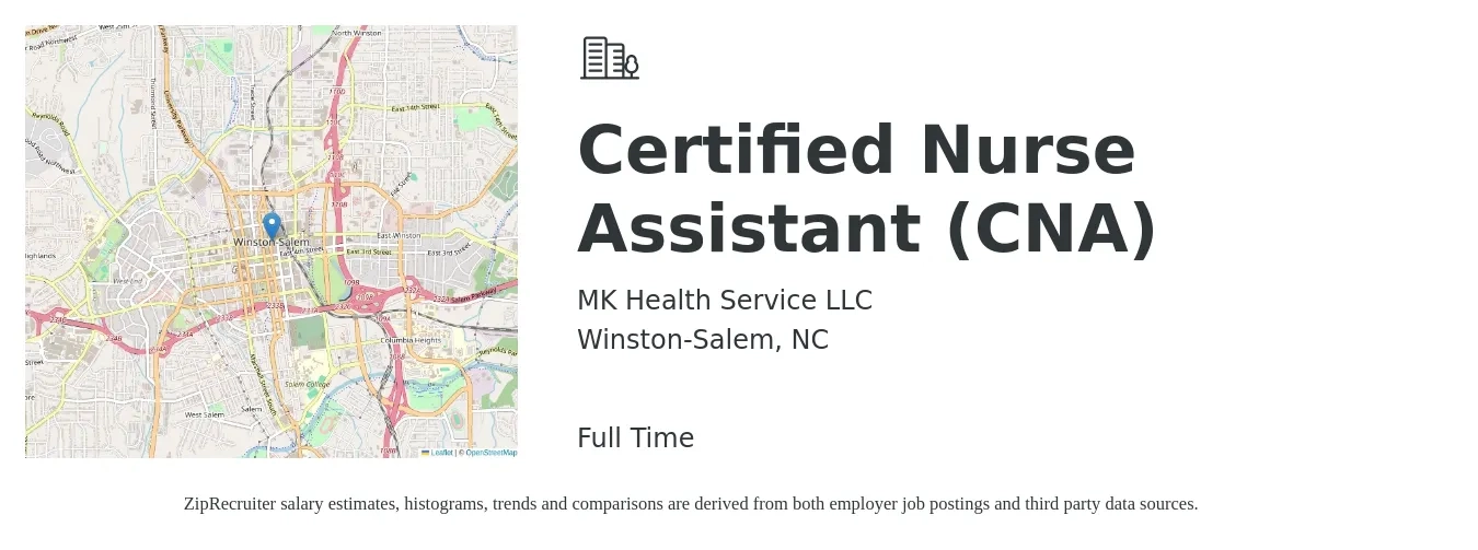 MK Health Service LLC job posting for a Certified Nurse Assistant (CNA) in Winston-Salem, NC with a salary of $16 to $22 Hourly with a map of Winston-Salem location.