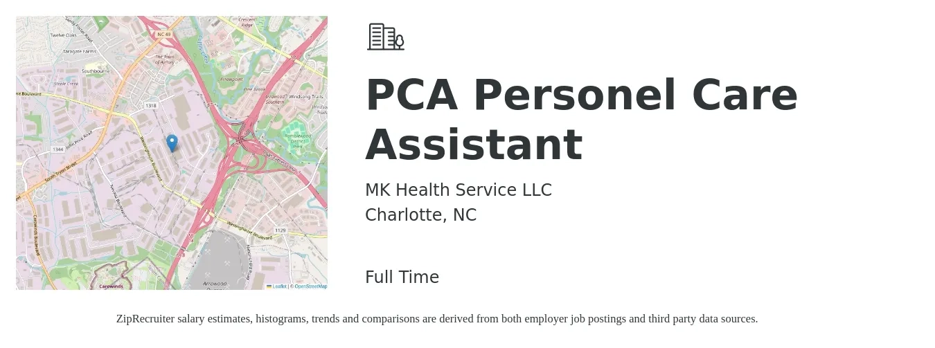 MK Health Service LLC job posting for a PCA Personel Care Assistant in Charlotte, NC with a salary of $12 to $16 Hourly with a map of Charlotte location.