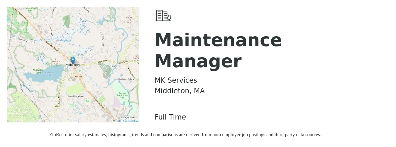 MK Services job posting for a Maintenance Manager in Middleton, MA with a salary of $28 to $46 Hourly with a map of Middleton location.