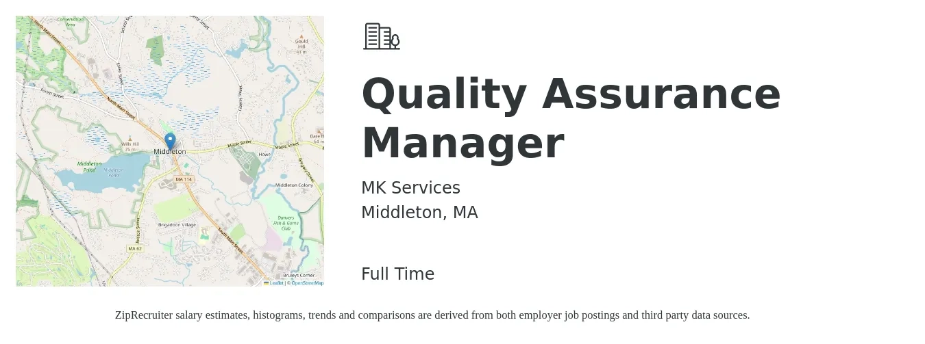 MK Services job posting for a Quality Assurance Manager in Middleton, MA with a salary of $95,400 to $166,100 Yearly with a map of Middleton location.