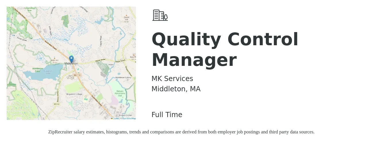 MK Services job posting for a Quality Control Manager in Middleton, MA with a salary of $69,600 to $115,000 Yearly with a map of Middleton location.