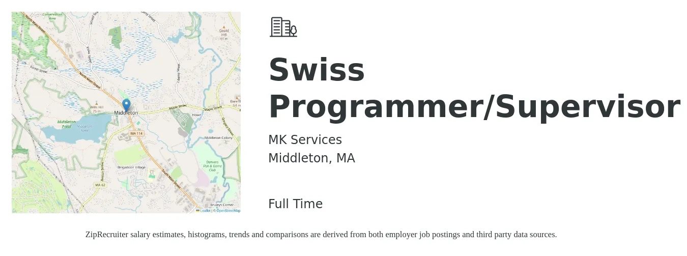 MK Services job posting for a Swiss Programmer/Supervisor in Middleton, MA with a salary of $30 to $42 Hourly with a map of Middleton location.