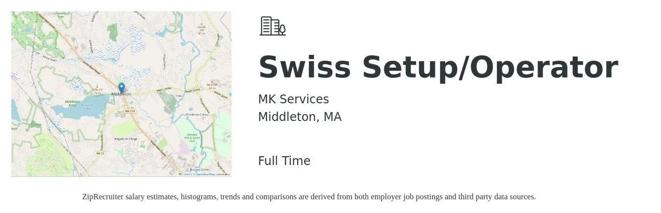 MK Services job posting for a Swiss Setup/Operator in Middleton, MA with a salary of $28 to $36 Hourly with a map of Middleton location.