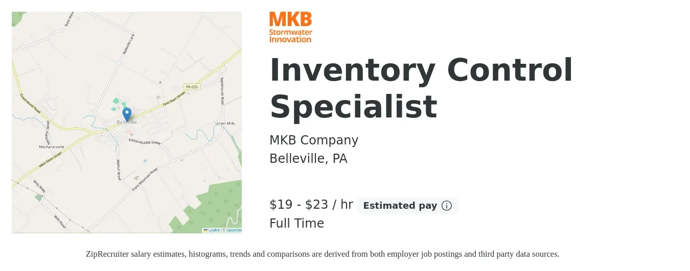 MKB Company job posting for a Inventory Control Specialist in Belleville, PA with a salary of $20 to $24 Hourly with a map of Belleville location.