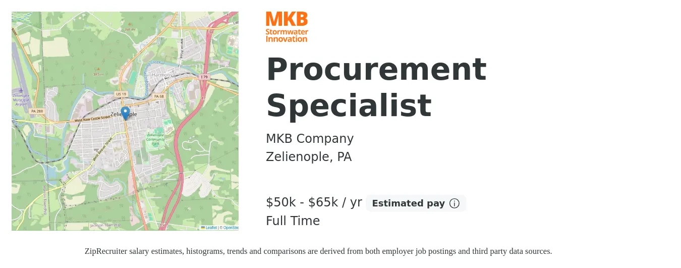 MKB Company job posting for a Procurement Specialist in Zelienople, PA with a salary of $50,000 to $65,000 Yearly with a map of Zelienople location.