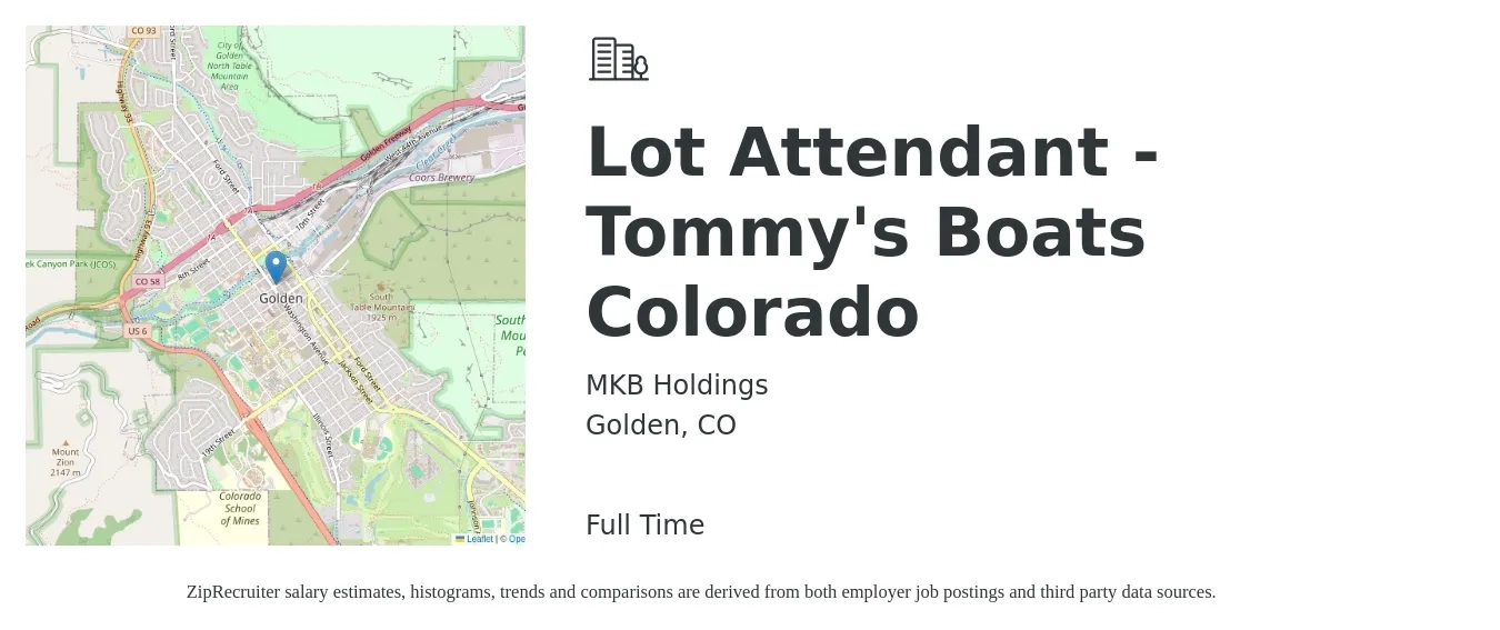 MKB Holdings job posting for a Lot Attendant - Tommy's Boats Colorado in Golden, CO with a salary of $16 to $18 Hourly with a map of Golden location.
