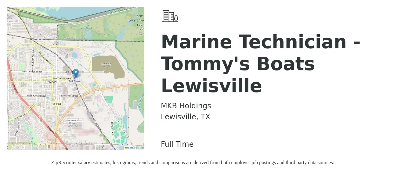 MKB Holdings job posting for a Marine Technician - Tommy's Boats Lewisville in Lewisville, TX with a salary of $22 to $30 Hourly with a map of Lewisville location.