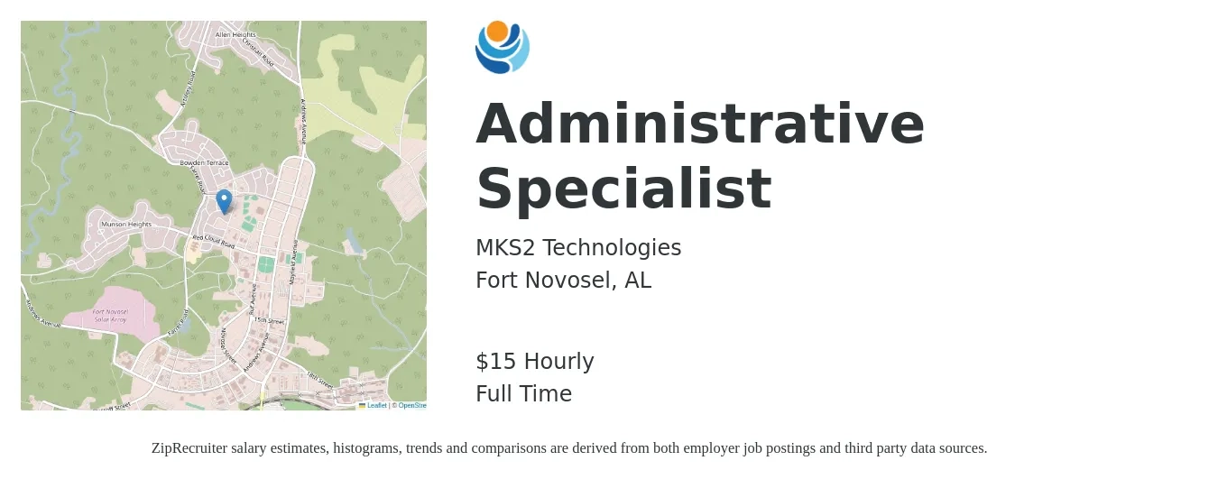 MKS2 Technologies job posting for a Administrative Specialist in Fort Novosel, AL with a salary of $16 Hourly with a map of Fort Novosel location.
