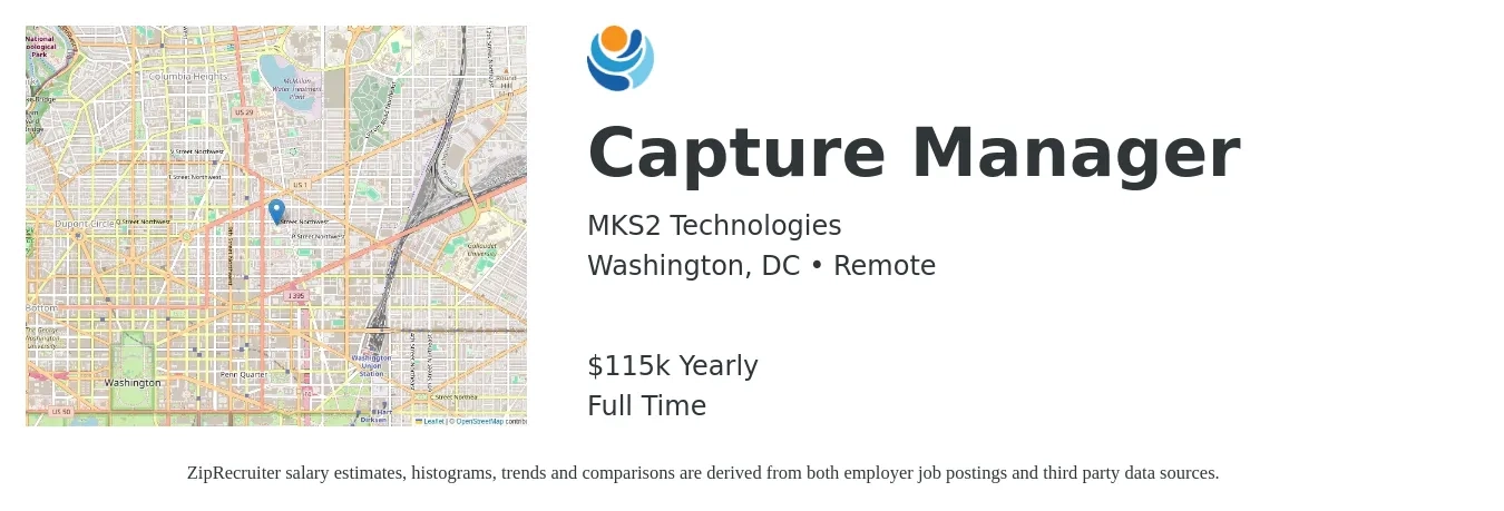 MKS2 Technologies job posting for a Capture Manager in Washington, DC with a salary of $115,000 Yearly with a map of Washington location.