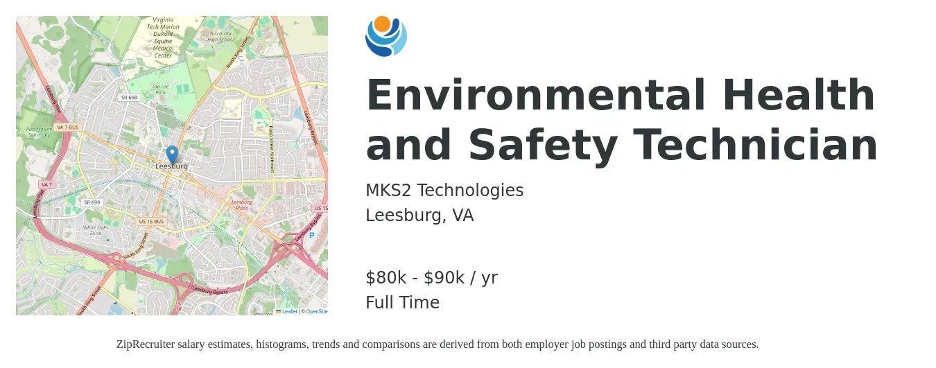 MKS2 Technologies job posting for a Environmental Health and Safety Technician in Leesburg, VA with a salary of $80,000 to $90,000 Yearly with a map of Leesburg location.